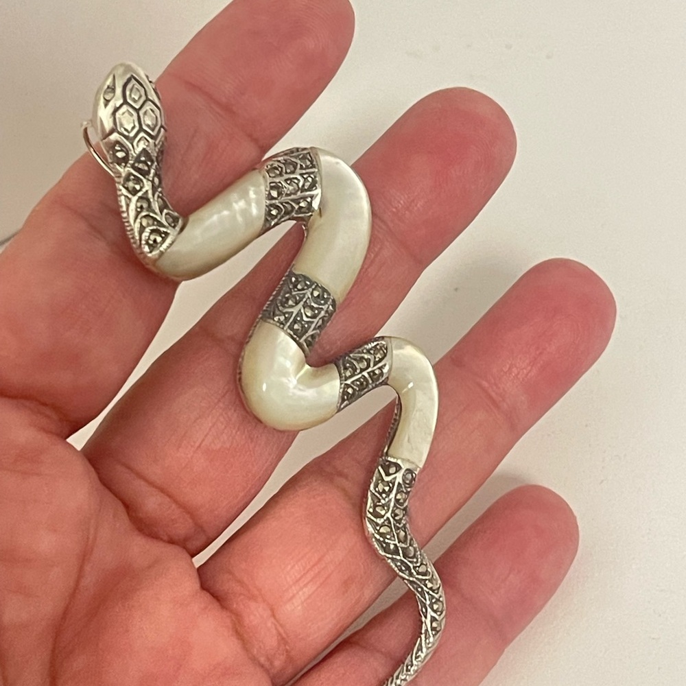 Elegant Sterling Silver, Mother Of Pearl And Marcasite Snake pendant